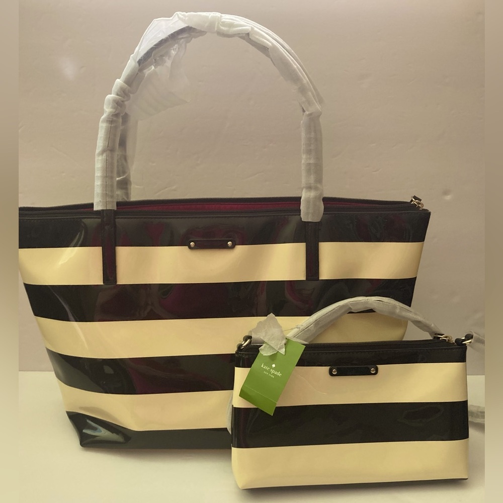 NWT! Kate Spade Black and Cream Striped Tote With Matching Crossbody